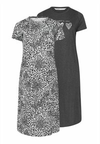 Två klänningar: en svart och vit leopardmönstrad, kortärmad; en mörkgrå, kortärmad med "Goodnight" och hjärt-grafikdetalj.