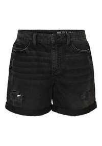 Bermudas de mezclilla negras con dobladillo deshilachado, que presentan detalles desgastados y un diseño clásico de cinco bolsillos. La tela parece suave y ligeramente texturizada.