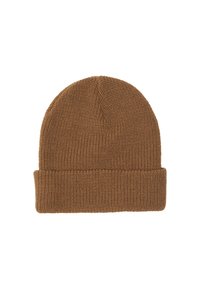 Bruine gebreide beanie met een opgevouwen manchette, voorzien van een gestructureerd patroon en zacht materiaal, geschikt voor warmte en comfort.