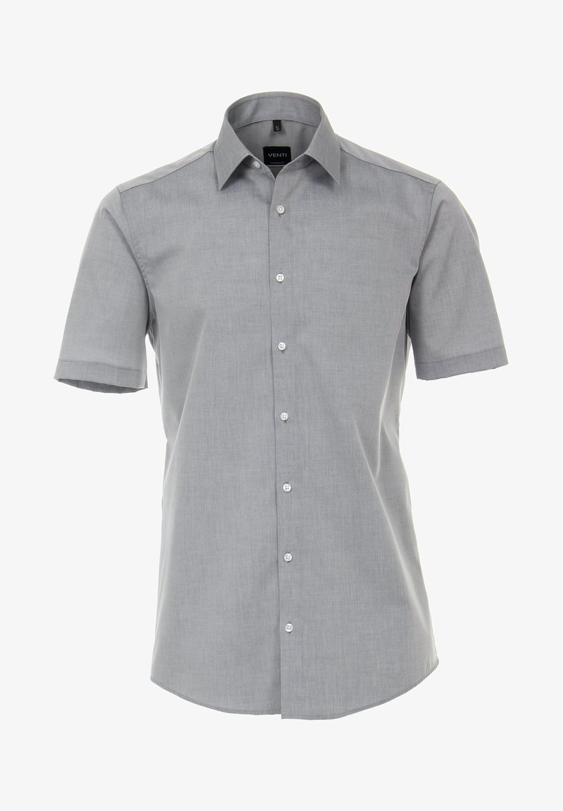 Kortetermijn overhemd met korte mouwen in een lichtgrijze stof, met een gestructureerde kraag, een knoopsluiting aan de voorkant en een nette zoom.
