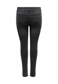 Zwarte skinny jeans van denim, met een hoge taille, vijf zakken en een soepele textuur. Eenvoudig ontwerp aan de achterkant zonder versieringen.