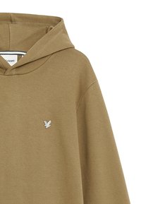 Bruine hoodie gemaakt van gestructureerde stof; heeft een klein zilveren arendlogo op de borst en een klassiek hoodieontwerp.