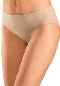 Beige katoenen mix slip met een gladde textuur, mid-rise ontwerp en golvende randen. Zichtbare stiksels langs de taille en beenopeningen.