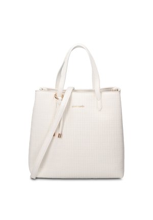 Borsa tote in pelle color crema texturizzata con doppi manici e tracolla regolabile, logo sottile color oro sul davanti.