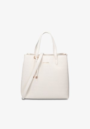 Sac fourre-tout en cuir texturé crème avec double poignée et bandoulière réglable, logo doré subtil sur le devant.