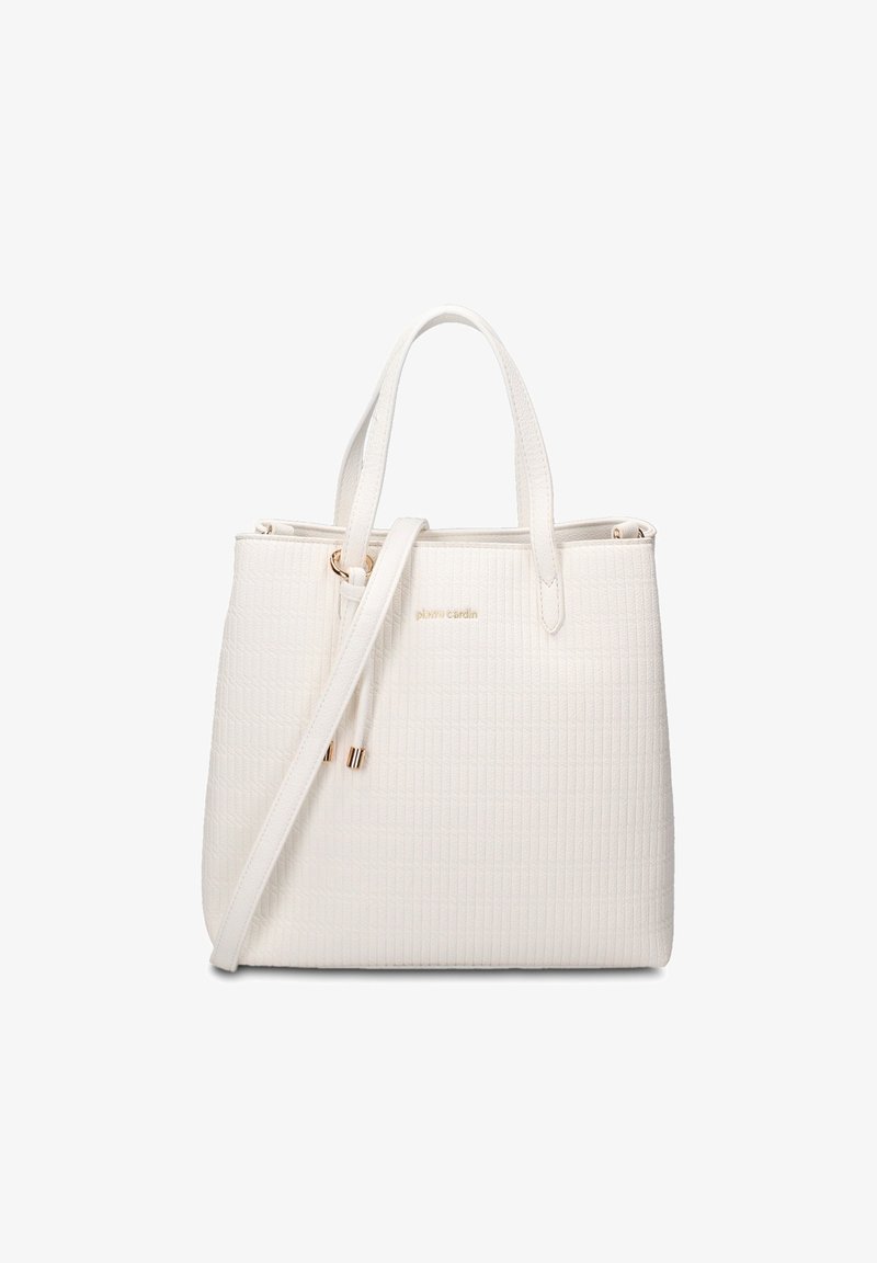 Sac fourre-tout en cuir texturé crème avec double poignée et bandoulière réglable, logo doré subtil sur le devant.