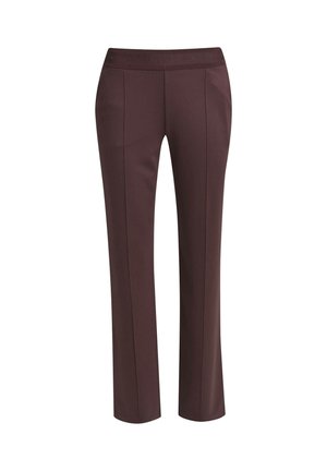 Brown tailored pants with a soft texture, straight leg design, and an elastic waistband featuring embossed branding at the top.