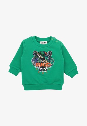 Sweat-shirt pour tout-petits vert à manches longues avec des bords côtelés, des boutons-pression à l'épaule, et un visage de tigre coloré avec le texte "KENZO PARIS" sur le devant.