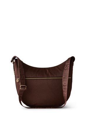 Borsa a tracolla in pelle marrone con finitura testurizzata, tasca frontale con cerniera e una tracolla larga regolabile con logo.