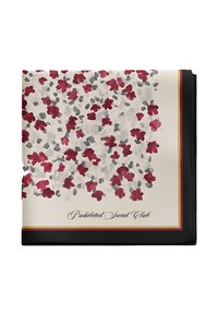 Silke skjerf med et blomsterdesign i nyanser av rød og grå på en off-white bakgrunn. Svart kant med gullakenter.