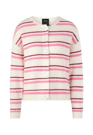 Striped cardigan in cream with pink and maroon horizontal stripes, featuring a round neck, five buttons, and ribbed cuffs and hem.