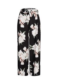 Vide benfargede bukser i svart stoff med store hvite og rosa blomster, med knytebelte i midjen for justerbar passform.
