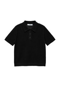 Polo noir à manches courtes en tissu tricoté texturé, avec un col côtelé et une patte à trois boutons. Design simple et épuré.