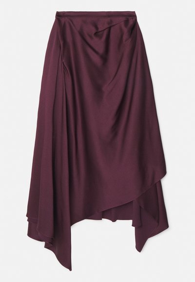 Burgundy, satin wrap skirt with an asymmetrical hem, featuring soft draping and a smooth texture. No visible fastenings or patterns.