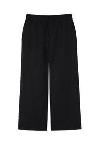 Zwarte, losvallende culottes van zachte stof met een elastische tailleband en koord. Recht gesneden pijpen zonder extra versieringen.