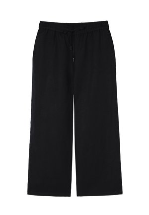 Černé, volné culottes vyrobené z měkké tkaniny s elastickým pasem a šňůrkou. Přímé nohavice bez dalšího zdobení.