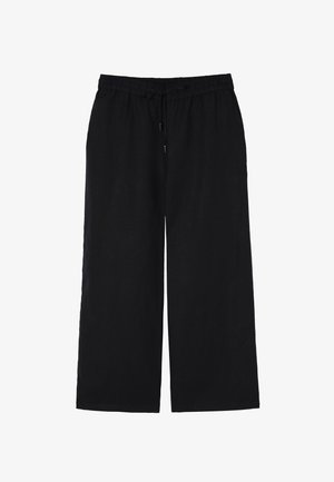 Sorte, løstsiddende culottes lavet af blødt stof med elastisk talje og snøre. Lige ben uden yderligere pynt.