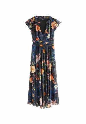 Cvećna maksi haljina u tamnoj tkanini sa živopisnim narandžastim, ružičastim i žutim cvetovima. V-izrez, kratki rukavi i dizajn sa vezivanjem u pojasu.