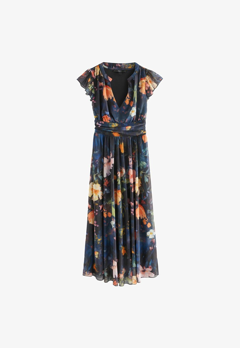 Cvećna maksi haljina u tamnoj tkanini sa živopisnim narandžastim, ružičastim i žutim cvetovima. V-izrez, kratki rukavi i dizajn sa vezivanjem u pojasu.
