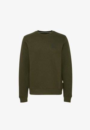 Sweatshirt vert olive en tissu doux, avec un col rond, des poignets côtelés et un logo discret imprimé sur la poitrine.