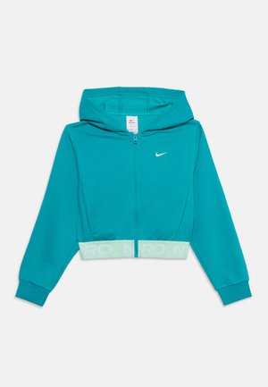 Τιρκουάζ φούτερ με φερμουάρ Nike, με κουκούλα, μακριά μανίκια, λευκό λογότυπο στο στήθος και ανοιχτοπράσινη ταινία στο τελείωμα με το κείμενο Nike Pro.