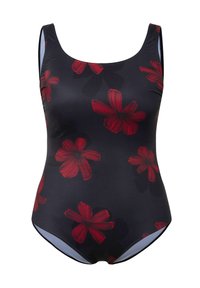 Maillot de bain noir avec un motif floral comportant de grandes fleurs rouges. Il a une encolure ronde et est fabriqué dans un matériau lisse et extensible.