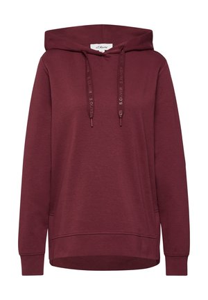 Bordeaux hoodie gemaakt van zachte stof, met aansnoerkoord met tekst, een voorkruiem en ribgebreide manchetten en onderrand.