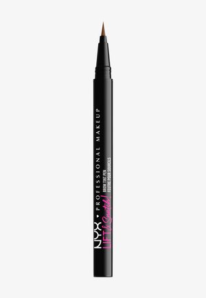 Sort NYX Professional Makeup brynfarvepen med fin penselspids og "Lift & Snatch" branding på hvid baggrund.