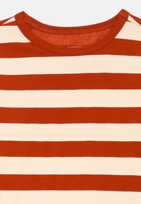 Red and cream striped T-shirt with a round neckline, made from soft cotton. Features even stripes and a smooth texture.