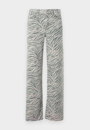 Light gray jeans with a tiger stripe pattern in dark gray. They feature a straight-leg design and traditional denim stitching.