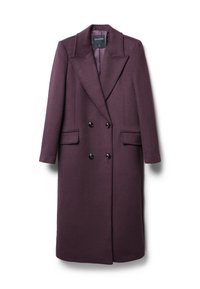 Cappotto doppiopetto in lana viola intenso, con ampi revers, due tasche frontali e bottoni neri. Tessuto liscio, maniche lunghe.