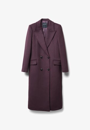 Cappotto doppiopetto in lana viola intenso, con ampi revers, due tasche frontali e bottoni neri. Tessuto liscio, maniche lunghe.