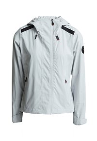 Light gray waterproof jacket with a hood, featuring black accents, zippered front pockets, and adjustable drawstrings on the hood.