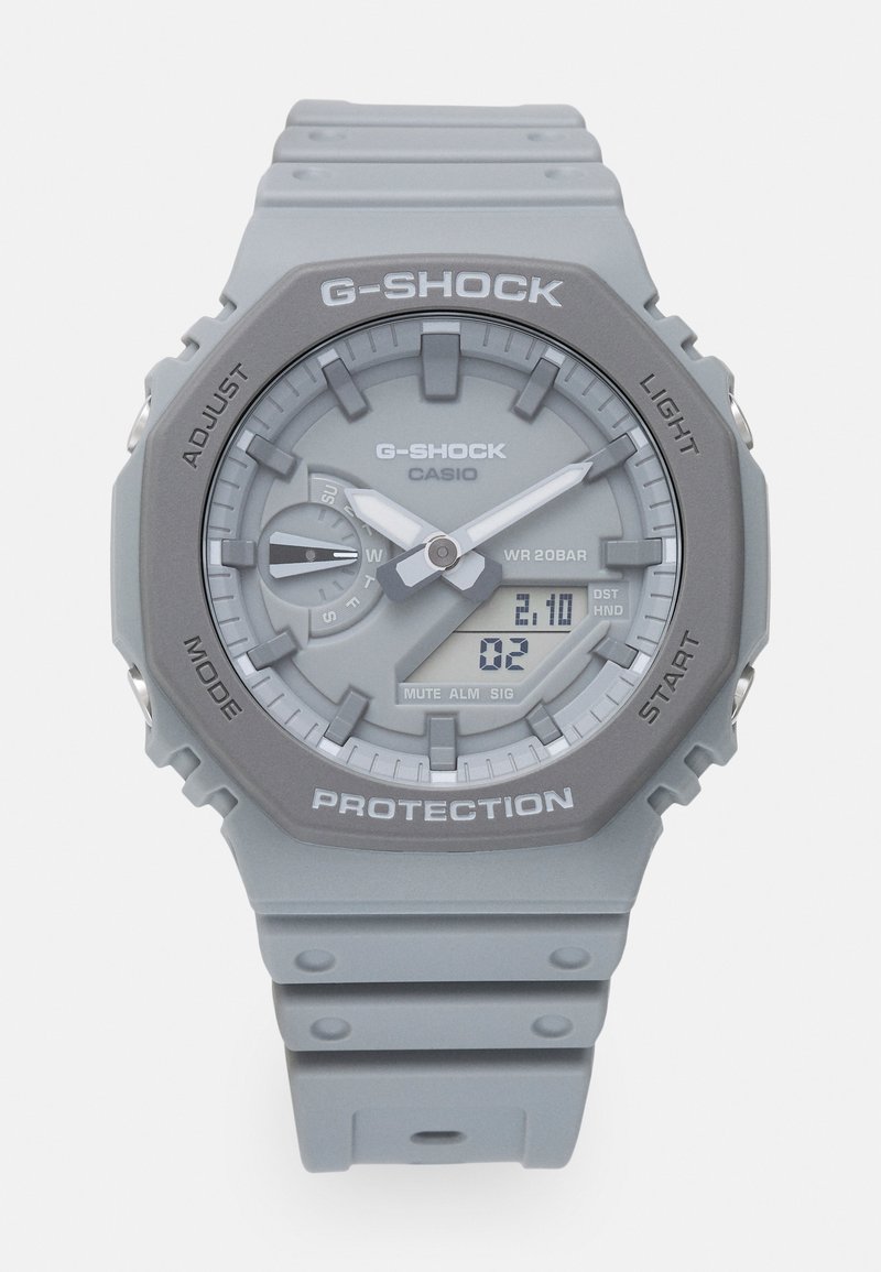 G-SHOCK Uhr aus grauem Silikon mit digitaler und analoger Anzeige, verfügt über ein rundes Ziffernblatt, strukturierte Akzente und eine Wasserdichtigkeit von bis zu 20 Bar.