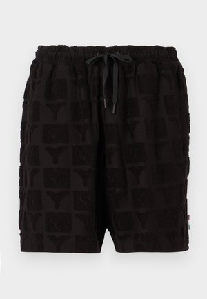 Pantaloni shorts neri realizzati in tessuto testurizzato con un motivo di quadrati in rilievo e un design del logo. Vita elasticizzata con cordoncino.