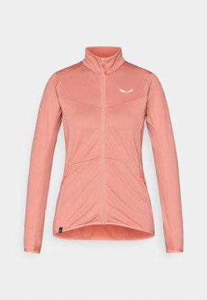 Naiste lukuga jope pehme roosas värvuses, millel on kõrge krae, tekstuuriga kangas ja kontrastsed oranžid tõmblukku aktsendid. Kahe külgse tasku olemasolu.