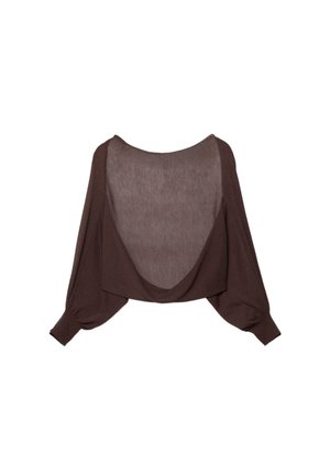 Brun langærmet cropped top med dyb rund udskæring bagpå og rynkede manchetter, lagt fladt på en hvid baggrund.