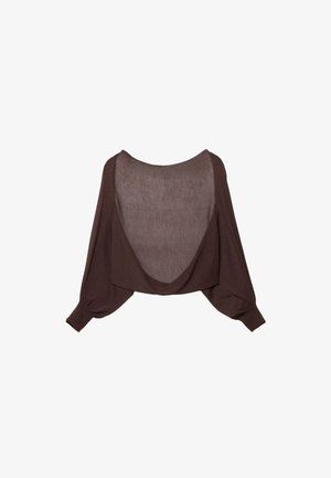 Smeđa kratka majica dugih rukava s dubokim izrezom na leđima i naboranim manšetama, ravno položena na bijeloj podlozi.