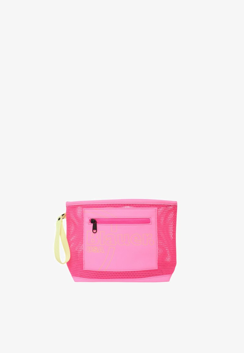 Roze mesh reistas met een rits bovenaan en een voorvak. Voorzien van een gele polsband en gedurfde logo-details aan de voorkant.