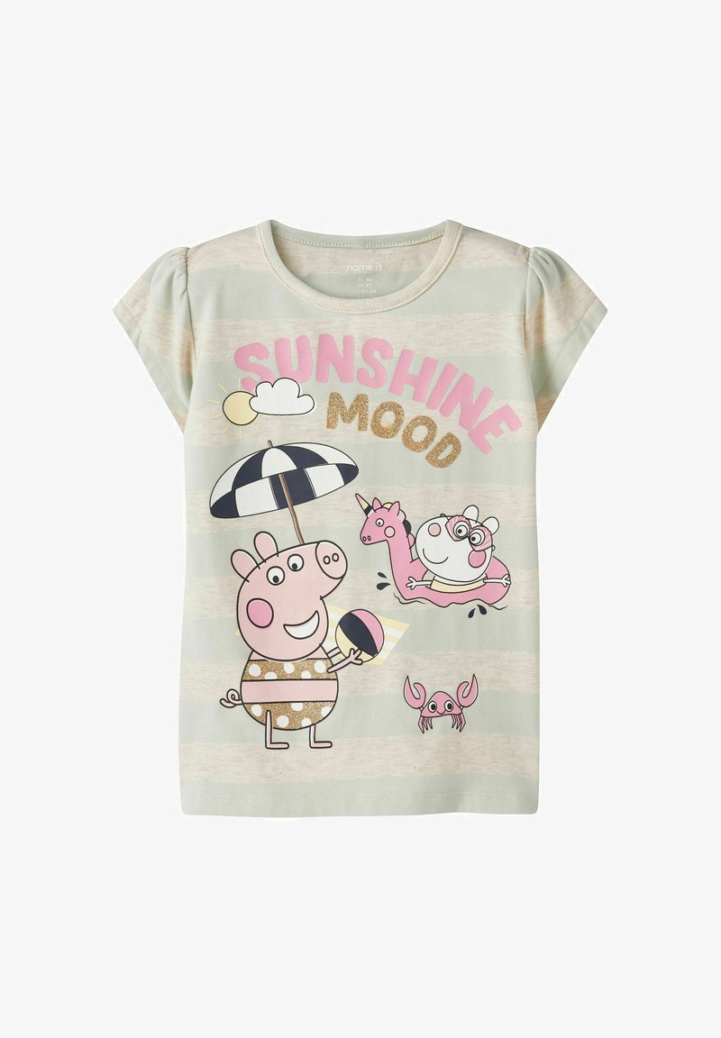 Chemise rayée à manches courtes avec un cochon dessin animé tenant un ballon de plage sous un parasol, cochon flottant sur une bouée licorne, crabe, soleil, et texte « SUNSHINE MOOD ».