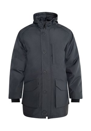 Tamsiai pilkas neperšlampamas parka tipo švarkas su gobtuvu, priekiniais mygtukais, dviem didelėmis priekinėmis kišenėmis ir raukšlėtais rankogaliais. Lygus tekstūra ir tiesus siluetas.