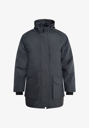 Tmavošedý nepremokavý parka kabát s kapucňou, prednými gombíkmi, dvoma veľkými prednými vreckami a rebrovanými manžetami. Hladká textúra a rovný strih.