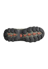 Trail running shoe outsole with a rugged black rubber texture, featuring distinct orange traction lugs and a patterned tread design.