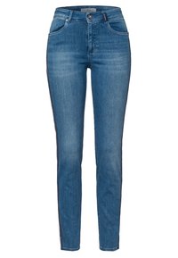 Úzké džíny v světlé modré denimové barvě. Vysoký pas s kontrastními bočními pruhy, pět kapsových stylů a hladká textura.