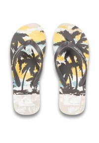 Flip-flops med et struktureret sort rem, med et farverigt palmetræsmotiv i gul, turkis og brun på en beige baggrund.