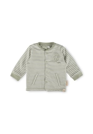 Green striped baby cardigan in soft fabric, featuring a round neck, snap buttons, two front pockets, and a small embroidered design.