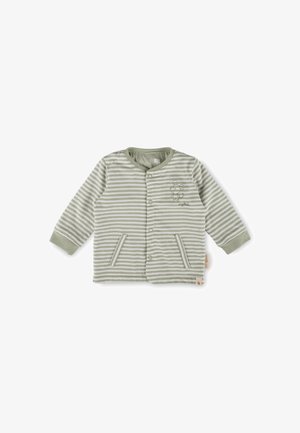 Grün gestreifte Baby-Strickjacke aus weichem Stoff mit Rundhalsausschnitt, Druckknöpfen, zwei aufgesetzten Taschen vorne und einem kleinen gestickten Motiv.