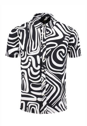 Korte mouwen, zwart-wit overhemd met abstracte zwierige patronen; gemaakt van lichtgewicht stof met een klassieke kraag.