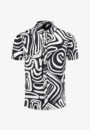 Kurzärmeliges Hemd zum Knöpfen in Schwarz und Weiß mit wirbelnden abstrakten Mustern; aus leichtem Stoff mit klassischem Kragen gefertigt.