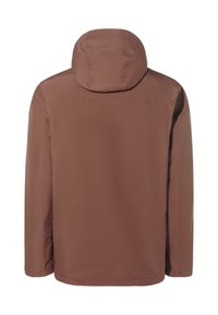 Veste imperméable marron avec capuche, manches longues et texture lisse. Design simple, sans logos ni motifs visibles au dos.